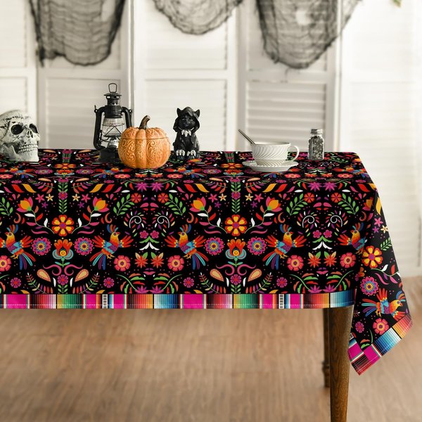 Meksyk Dzień ZmarłYch Kwiatowe Ptaki Wodoodporny Obrus Fiesta Dekoracja Wielokrotnego UżYtku Obrus Na Stół Kuchenny Lub Jadalny Dekoracja ŚWiąTeczna 140X300Cm-image