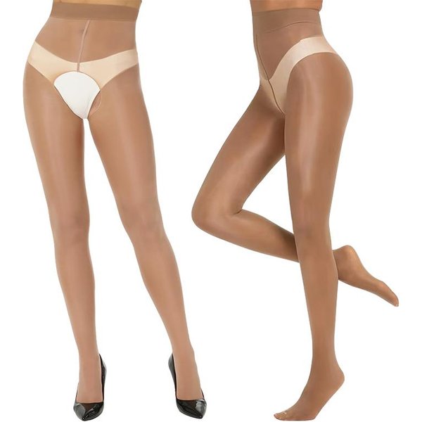 Kave 2 Pares Entrepierna Abierta/Cerrada Talla Grande Medias Suaves Brillantes De Aceite De Caballo Para Mujeres Cintura Alta Brillo Aceite De Seda Medias Transparentes Fit For 40-70Kg Brown-image