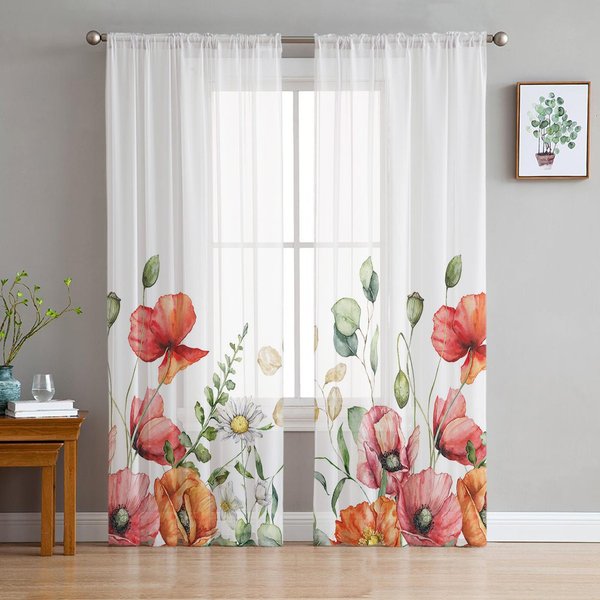 Primavera Planta Margarita Eucalipto Amapola Flor Cortinas Voile TraslúCidas Sala De Estar Ventana Cortina De Tul Cocina Dormitorio DecoracióN Del Hogar 135W X 114H(Cm) White-image