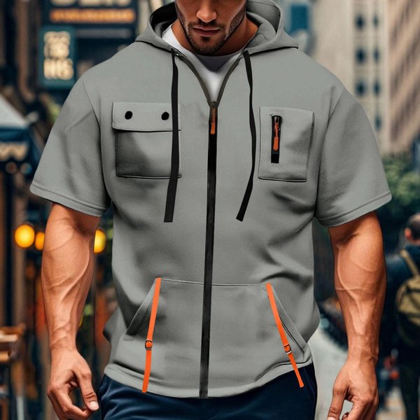 MęSka Bluza Z Kapturem, Casualowa, Z KróTkim RęKawem, Zapinana Na Zamek, LuźNy KróJ, OddychająCa, Z Wieloma Kieszeniami, Sportowa Bluza Z Kapturem M-image