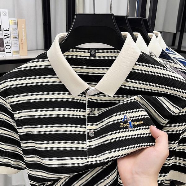 MęSka Koszulka Polo Z KołNierzykiem KróTki RęKaw Letnia Pasiasta Z Postaciami Haftowany Top Modny Biznesowy Casual Odzież MęSka XL Czarny-image