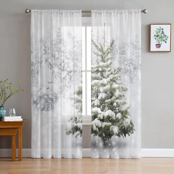 Nieve Invierno áRbol De Navidad Escarcha Ciervo Tul Cortinas Para DecoracióN Para Sala De Estar Ventana Cortina Para Dormitorio Gasa Organza Cortinas W135 X H115Cm X1&Grommet Top-image