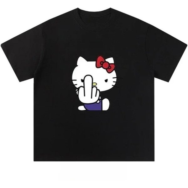 AmerykańSki Hello Kitty Zabawny Nadruk 2025 Damski KreskóWkowy GadżEt Top Trend Plus Size LuźNy Casualowy T-Shirt Z KróTkim RęKawem Xxxl Czarny-image