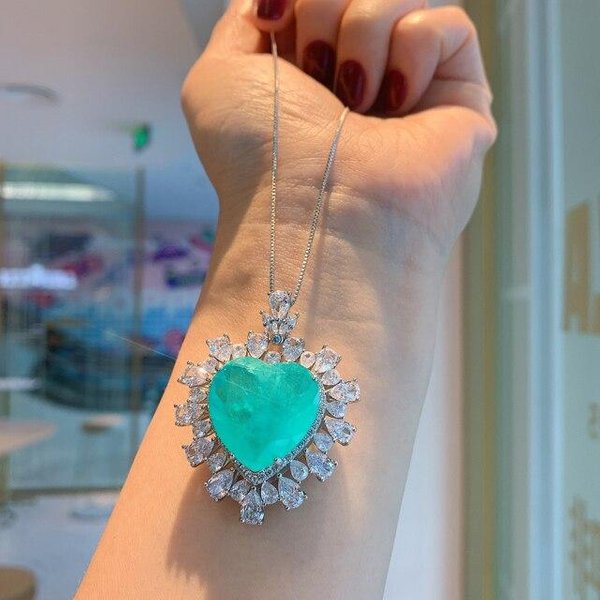 Charms 925 Srebro Sterlingowe 20 * 20Mm Paraiba Turmalin Szmaragd Lab Diament Wisiorek Naszyjnik Dla Kobiet Wesele Impreza BiżUteria Fine 45Cm Niebieski-image