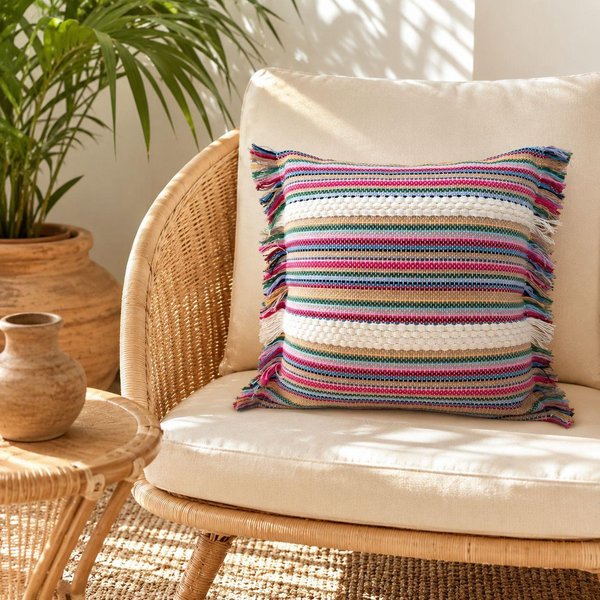 Funda De CojíN Para Sofá Estilo Boho Tejido Flecos Cojines Textura Contrastante Rayas Flecos Fundas Para Cojines DecoracióN Hogar 45X45Cm 45X45Cm-image