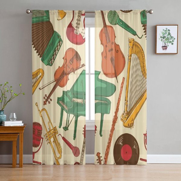 Cortinas TraslúCidas De Tul Con Instrumentos Musicales De Dibujos Animados Coloridos Para DecoracióN De Sala De Estar, Dormitorio, Cocina, Cortinas Voile De Organza 135W X 114H(Cm) Brown-image