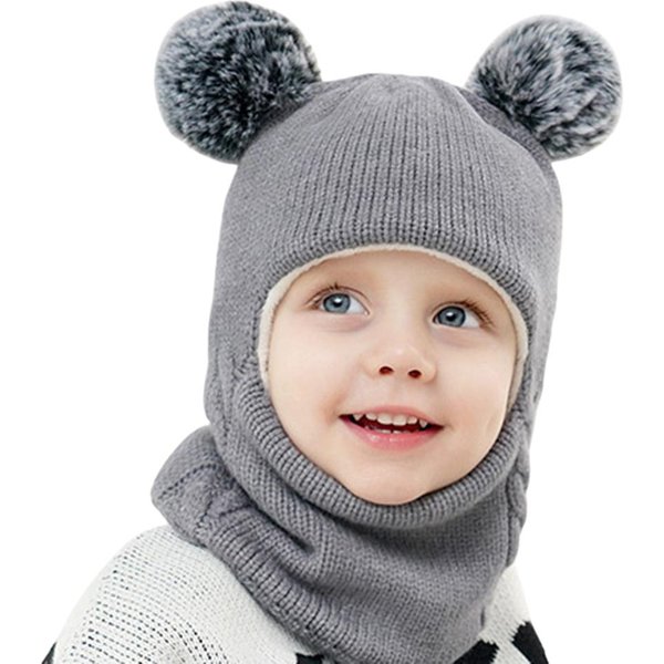 Conjunto De Gorro Y Bufanda De Invierno Para NiñOs Gorro De Punto Bufanda Orejera Grueso Forrado De Felpa CáLido Gorro Con Capucha Con Pompones-image