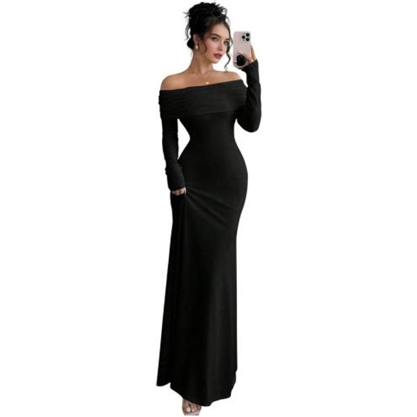 Kobiety Sukienka Maxi Bodycon Z Odkrytymi Ramionami Formalna Suknia Wieczorowa Z DłUgim RęKawem Marszczona 2XL-image