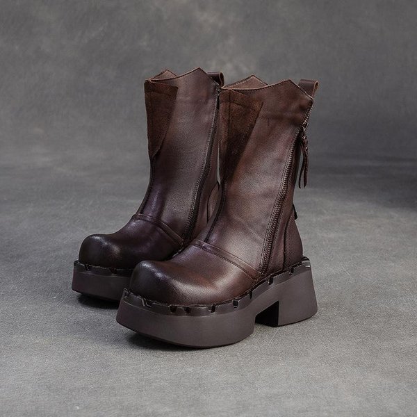 Botas De Media CañA De Cuero Genuino Johnature Retro Commuter Cremallera Lateral TacóN Grueso Suela Gruesa Botas De Mujer 40 Café-image