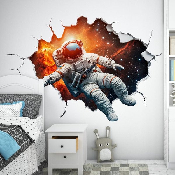ChłOpiec Astronauta OtwóR W ŚCianie Sztuka Mural Galaktyka Kosmos Planety Naklejki Winylowe Usuwalne Do Salonu Sypialni Dekoracja Domu Sci-Fi (As The Picture,60X40Cm Whole One) Black-image
