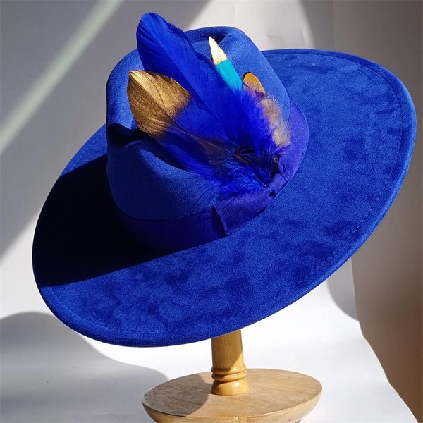 Fioletowe PióRa Zamszowy Kapelusz Cylinder 9.5Cm Szerokie Rondo Kapelusz Fedora MężCzyźNi Kobiety Jesień Zima Filcowe Kapelusze Jazzowe Klasyczne KośCielne Fedora Sombrero 55 -58Cm Black-image