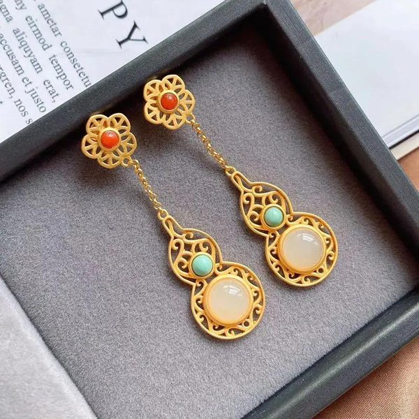 Pendientes De Calabaza De Calcedonia Blanca Hetian Natural Con Incrustaciones Para Mujer Estilo Chino DiseñO Retro De Palacio JoyeríA De Plantas-image
