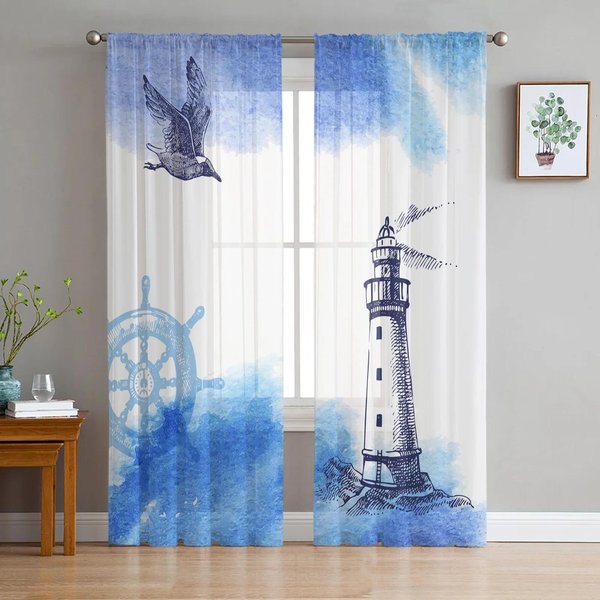 Ventana Mar Paisaje De NavegacióN Cortinas Transparentes Sala De Estar Ventana Cortinas De Tul Para Dormitorio Cocina DecoracióN Del Hogar Cortinas De Gasa W135 X H115Cm X1&Grommet Top-image
