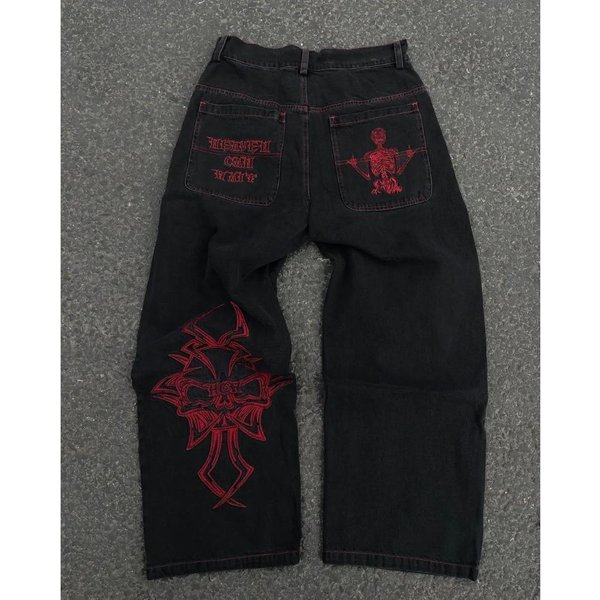Luxeon Y2K DżInsy MęSkie Hip Hop Retro Haft Czaszka Spodnie Jeansowe Baggy Nowe Proste Codzienne LuźNe Szerokie Nogawki Spodnie Streetwear L Czerwony-image