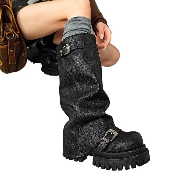 Zapatos De Mujer Slip-On Botas De Mujer Moda Hebilla De CinturóN Botas Modernas Mujer Invierno Punta Redonda Plataforma Botas Hasta La Rodilla 38 Negro-image