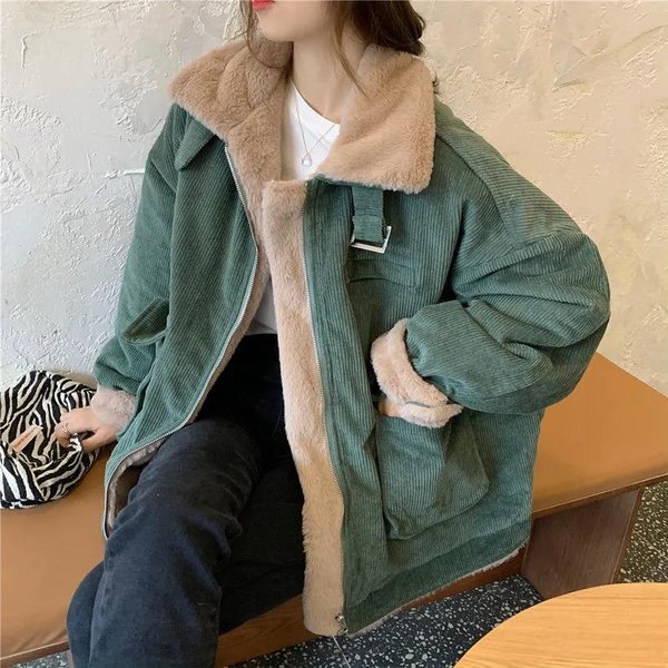 Abrigo Acolchado De AlgodóN De Moda De Invierno Para Mujer, Chaqueta Acolchada De Pana Gruesa De Talla Grande, Abrigo De Parka CáLido De Lana De Cordero Gruesa De Felpa XL Verde Oscuro-image