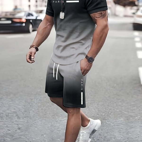 Nowy 2-CzęśCiowy MęSki Modny Letni Zestaw Ubrań Resortowych MęSki T-Shirt Z KróTkim RęKawem Z Nadrukiem Gradientowym I Szorty Ze Sznurkiem W Kieszeni Xxxl-image