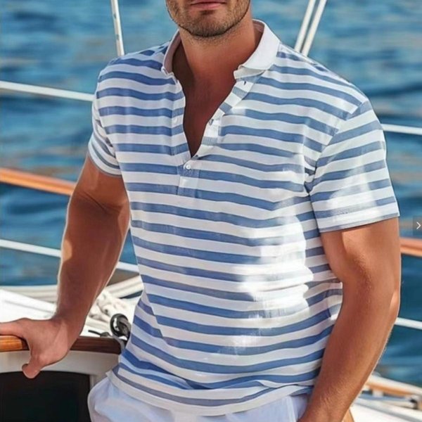 Moda De Verano Para Hombre Camisa Polo Casual De Manga Corta A Rayas Camisa Polo Deportiva Con Cuello Para Hombre Golf 100% PoliéSter 2XL Azul-image