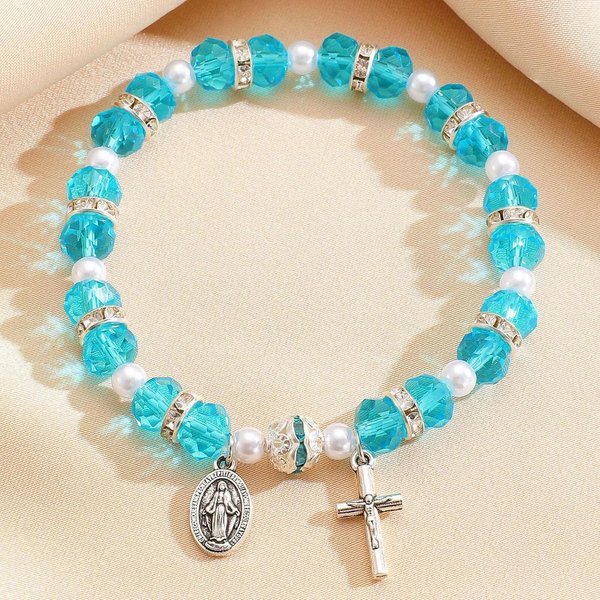 Pulsera De Perlas De Cristal Cristianas Colgante De La Cruz De JesúS Virgen MaríA JoyeríA Religiosa Para Mujeres Boho Pulsera De OracióN Regalo White-image