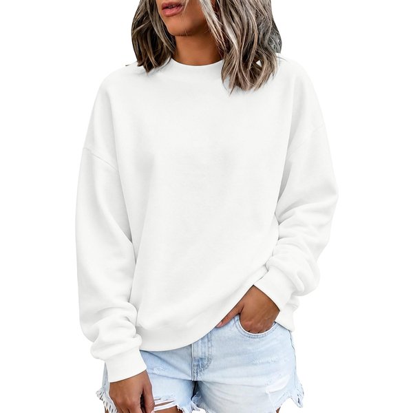 Sudadera De Manga Larga Para Mujer Con Cuello Redondo De Color, Corte Holgado, Suave, CóModa, Informal, Para Uso Diario L Blanco-image
