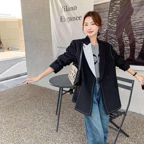 Chaqueta De Traje AsiméTrica Negra En Contraste Para Mujer En OtoñO, Nuevo Estilo Coreano, Cuello Alto, Estilo Coreano, VersáTil E Informal. XL Negro-image