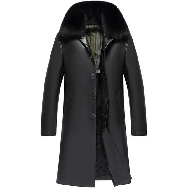 Chaqueta De Cuero De Invierno Para Hombres De Mediana Edad Y Mayores, Chaqueta De Papá, Abrigo De Cuero Informal Grueso Y Acolchado Hasta La Rodilla Xxxxl Negro-image