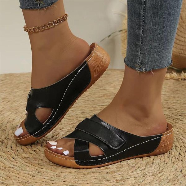Sandalias De CuñA De Verano Para Mujer, Sandalias OrtopéDicas De Primera Calidad Con Punta Abierta, Zapatos Retro De Plataforma Informales De Cuero Antideslizantes Vintage Para Mujer 43 Black-image