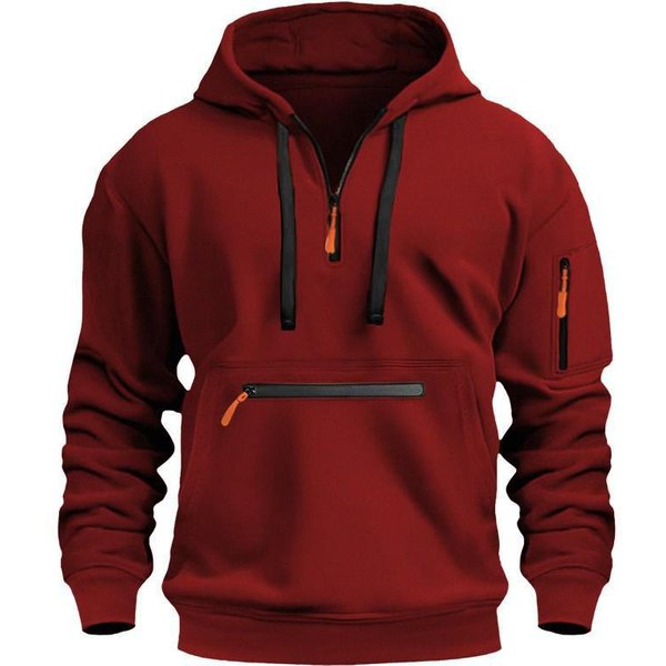 MęSka Wodoodporna Bluza Z Kapturem I Kieszeniami Na Suwak - Jesienno-Zimowa Odzież Sportowa Na Co Dzień Xl Claret-image