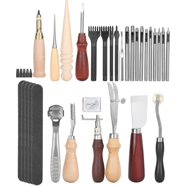 Juego De 33 Piezas De Herramientas Para ArtesaníA En Cuero Diy, Accesorios Para Trabajar Con Cuero Para Tallar, Estampar Y Perforar-image