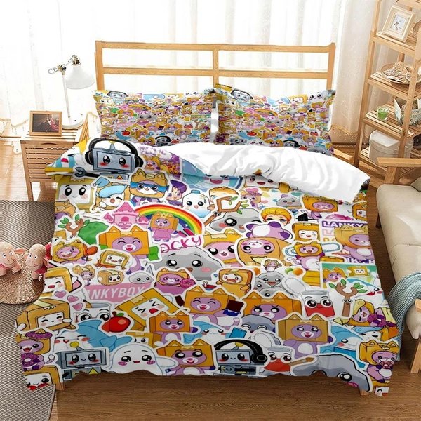 Ropa De Cama Impresa Con DiseñO De Dibujos Animados 3D Foxy Boxy Lankybox DimensióN Queen Juego De Ropa De Cama Juego De Ropa De Cama De TamañO King Size Personalizado Y CóModo EU Single 135X200Cm-image