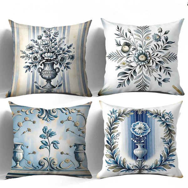 Niebiesko-BiałA Porcelana WzóR Kwiatowy Nadruk Poszewka Na Poduszkę KróTki Plusz Odpowiednia Do SalonóW Sypialni Sof Poduszka Dekoracyjna Poszewka 45X45Cm-image