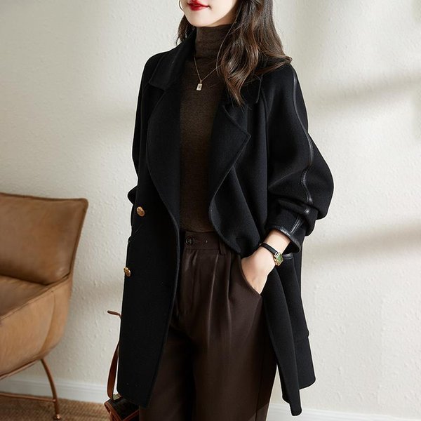 OtoñO E Invierno Nueva Moda VersióN Coreana Mangas De Hombro Doble Botonadura VersáTil Temperamento Cuello De Solapa Chaqueta De Lana Para Viajar Mujer 2XL-image