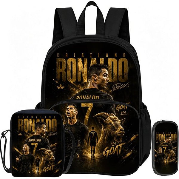 Set De 3 Piezas Con Mochila Con Bolsillo Frontal Ronaldo Aprende, Viaja Estrella Del FúTbol Bolsos De Hombro, Estuche, Bolsas Escolares Deportivas-image