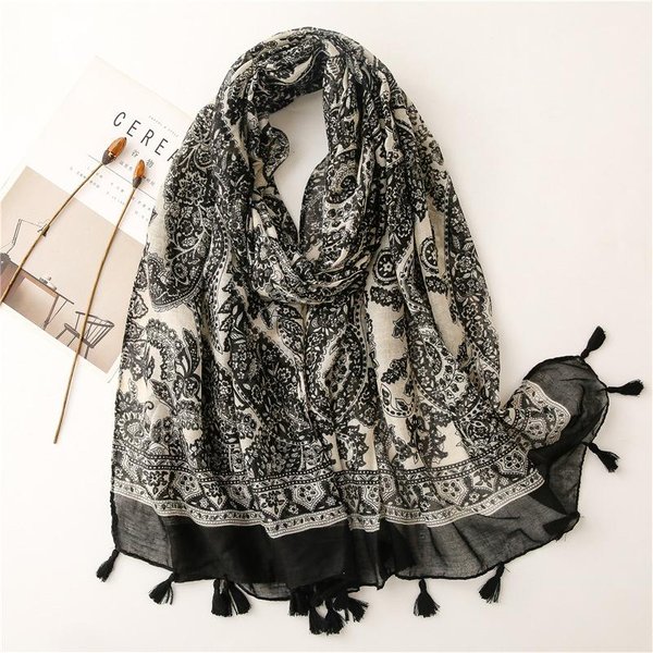 Modny Luksusowy Damski Szal Paisley Kobieta BawełNa Len Szal FręDzle Cztery Pory Roku Wszechstronny MuzułMańSki HidżAb 90*180Cm 90X180Cm Gray-image