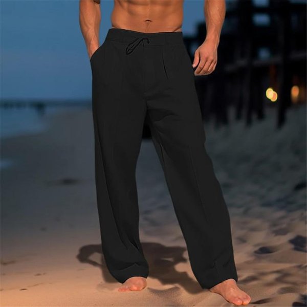 Pantalones Casuales Para Hombres Pantalones AlgodóN Lino Sueltos Rectos Pantalones Casuales Playas Para Hombres Vacaciones XL Black-image
