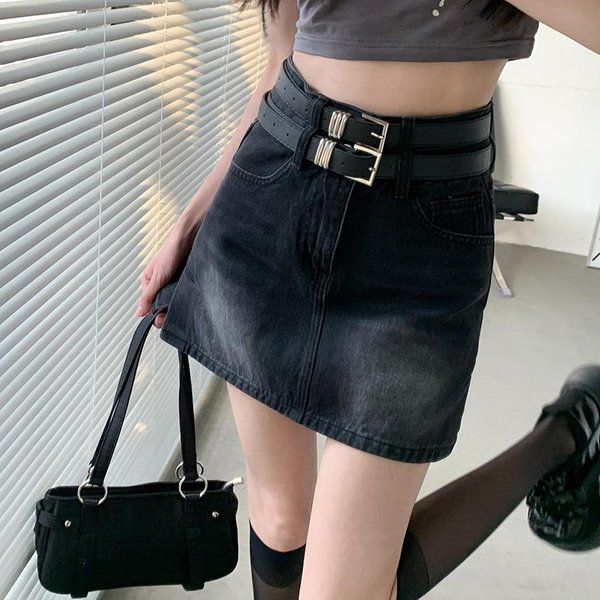 Falda Vaquera Retro Azul De Verano Para Mujer, Nueva Falda Ajustada De Cintura Alta Para Verano XL Black-image