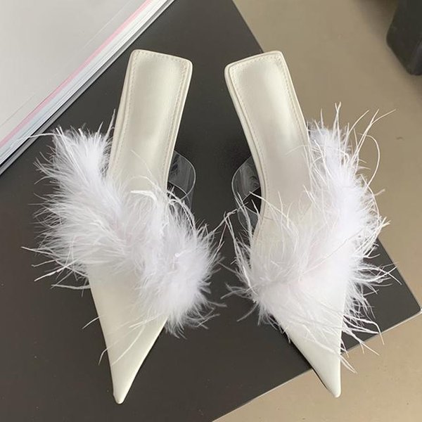 Liyke Fashion - Zapatillas De TacóN Bajo Y Fino Para Mujer, Zapatos Transparentes De Pvc, Sandalias De Verano Con Plumas Mullidas Moradas 39-image