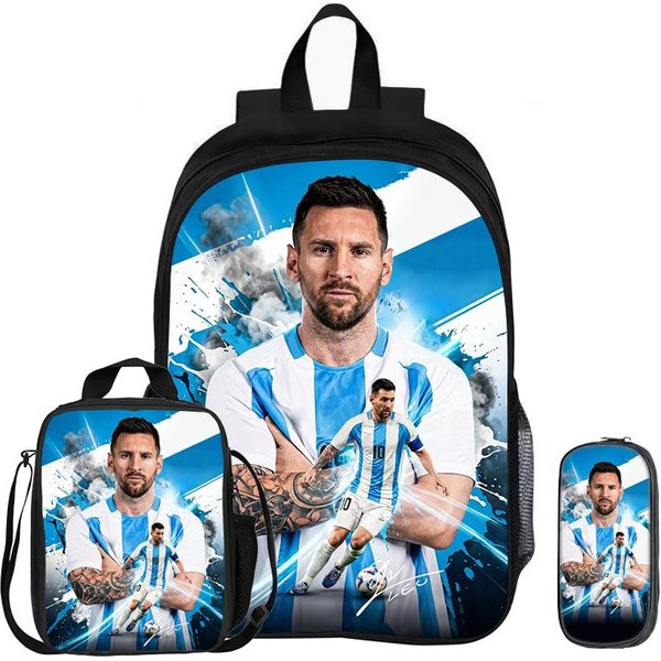 Set De 3 Piezas Mochila M-Messi Estrella De FúTbol Escolar Con Bolsa De Almuerzo Mochila Deportiva Mochila Infantil Bolsas Para LáPices Mochila Escolar Regalo Para NiñOs-image