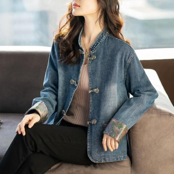 Nuevo Estilo Chino Para Mujer Temporada De Invierno Nuevo Estilo Popular Estilo Chino Plegable Top De Manga Larga 2XL Azul-image