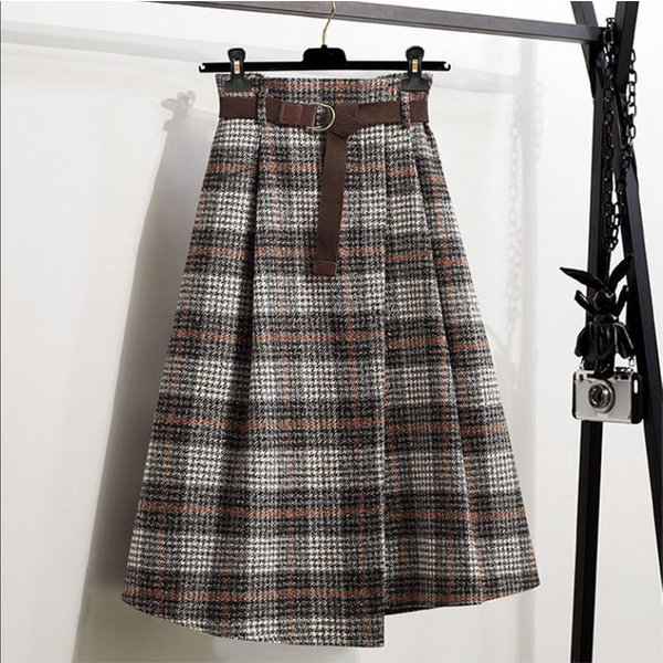 Damska SpóDnica WełNiana W Kratę Retro Z Wysokim Stanem: KróJ Slim Fit Na Jesień/Zimę 2024 2XL Khaki-image
