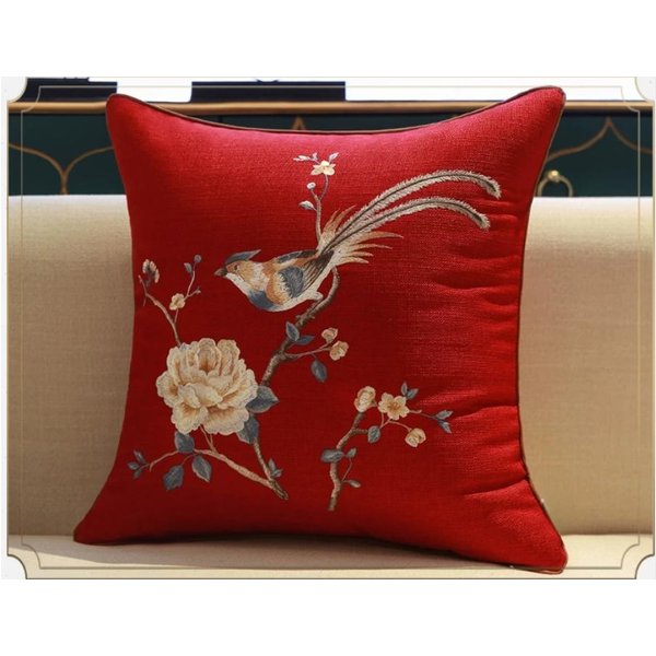 Poszewka Na Poduszkę Dekoracyjną W Stylu ChińSkim ŻółTa Lniana Poszewka Na Poduszkę Z Wzorem Piwonii I PtakóW Do Dekoracji Sofy W Domu 45X45Cm Red-image