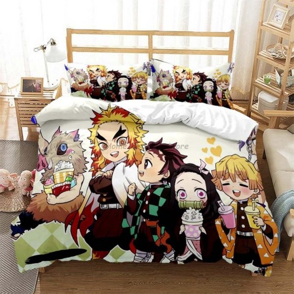 Juego De Ropa De Cama De Anime Demon Slayer, Ropa De Cama Japonesa De 200 X 220 Cm, Para Adolescentes Y NiñAs, Con Funda NóRdica Individual, TamañO Queen Y King. Cot Size 70X133Cm-image