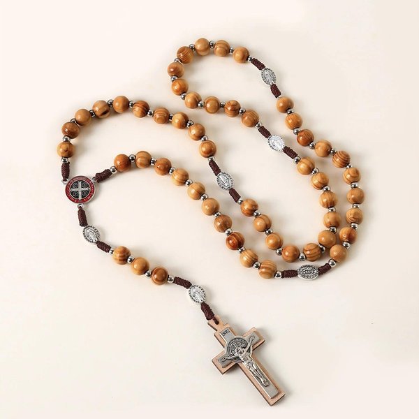 Drewniany RóżAniec Naszyjnik Dla Kobiet MężCzyzn ChrześCijańSki Wisiorek Krzyż 10MM DłUgi ŁAńCuszek Z Drewnianych KoralikóW Moda Religia BiżUteria Do Modlitwy Beige-image