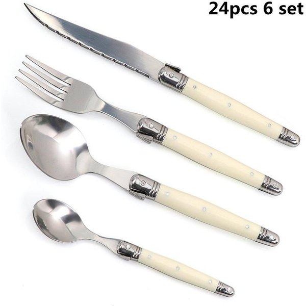 Juego De Cubiertos Laguiole De 4/6/24 Piezas Cuchillos De Carne Tenedores Cucharas Soperas Cucharillas Color Blanco Marfil Cubiertos Vajilla De Acero Inoxidable-image