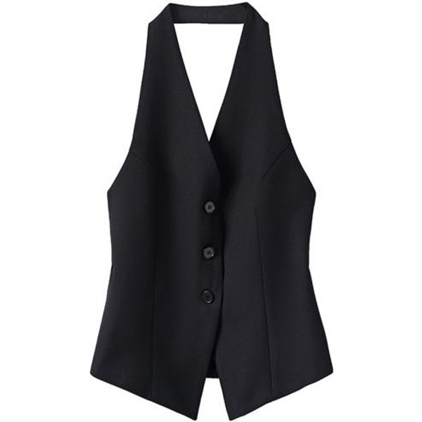 Damska Kamizelka Garniturowa Halter Z Dekoltem W Serek, Zapinana Na Guziki, Bez PlecóW, Blezer, Kamizelka, Bez RęKawóW, KróTki Top Tank, Vintage, Elegancka Kamizelka L Czarny-image