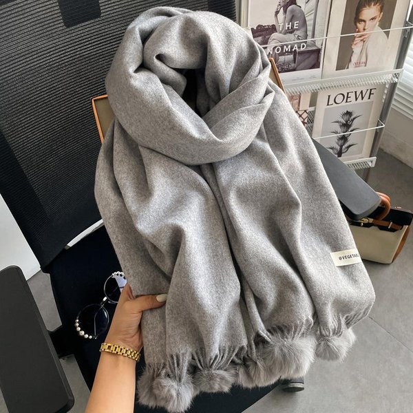 Bufanda De Invierno Para Mujer Larga CáLida Bufandas De Cachemir Hiyab Chal SóLido Para Dama Envoltura Pashmina Femenina PañUelo Con Bola De Pelo Bufandas Nuevo-image