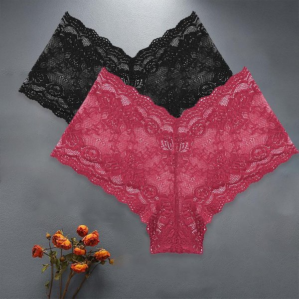 2 Sztuk/Zestaw Wysokiej Talii Seksowne Kobiety Kwieciste Majtki Koronkowe Bielizna KróTkie Majtki DziewczęCe S-XL Kalesony Bielizna Damska Bliscy L Black-image