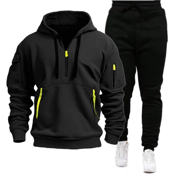 Conjunto De Sudadera Con Capucha Deportiva De OtoñO E Invierno, Ropa Deportiva Con Cremallera Para Hombre, Conjunto De Sudadera Con Capucha Y Pantalones Largos Para Hombre XL Black-image
