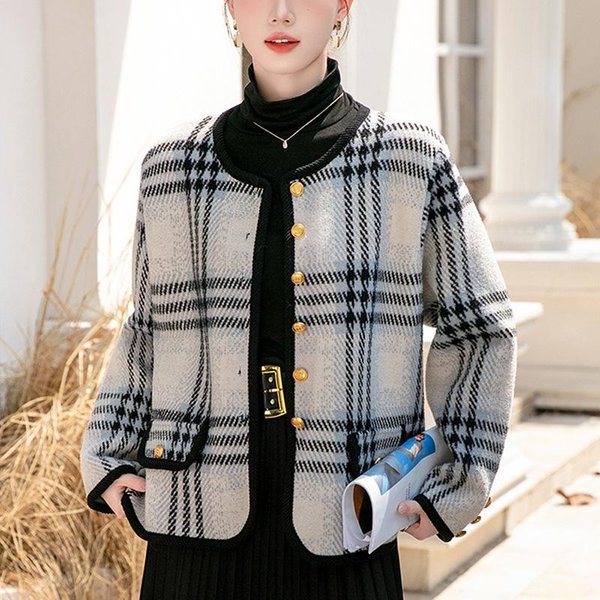 Abrigo Corto A Cuadros De Moda Para Mujer Invierno Nuevo Top De Manga Larga PequeñO De Alta Gama M Black-image