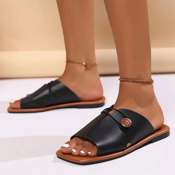 Zapatos Femeninos Punta Abierta Pantuflas De Mujer Talla Grande Pantuflas Casuales Mujer Punta Cuadrada Botones Planas Con Sandalias De Mujer Para Exteriores 43 Negro-image